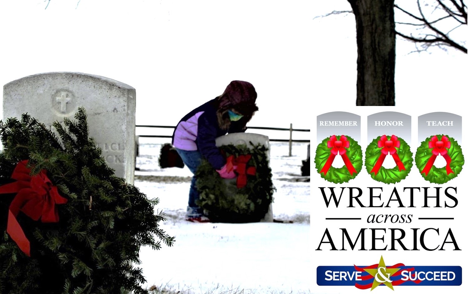 girl places wreath on headstone during winter